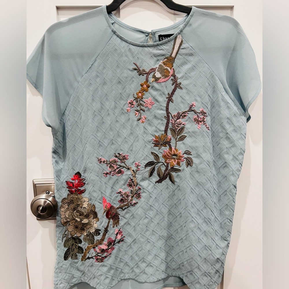 Stunning, soft grey blue embroidered blouse in a chiffon-like fabric